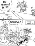 &gt;_&lt; 3girls =_= ark_royal_(kantai_collection) beret bird character_name comic commentary crash crown english failure first_aid_kit greyscale guin_guin hat jervis_(kantai_collection) kantai_collection long_hair mini_crown monochrome multiple_girls non-human_admiral_(kantai_collection) open_mouth penguin running short_hair warspite_(kantai_collection) wcmx wheelchair 