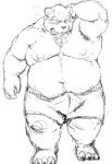  2014 altered_state_of_consciousness barazoku bear black_and_white boxer_briefs bulge clothed clothing hand_behind_head kemono kotobuki male mammal monochrome muscular obese overweight partially_clothed simple_background sketch standing tears underwear white_background 