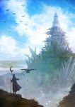  ambiguous_gender bird blue_sky castle cloud cloudy_sky coat commentary crystal day facing_away fantasy from_behind grass holding original outdoors sachi_(yumemayoi) scenery sky solo tower 