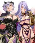  armor black_armor breasts camilla_(fire_emblem_if) camilla_(fire_emblem_if)_(cosplay) cape cleavage cosplay costume_switch fire_emblem fire_emblem_if gauntlets hair_over_one_eye highres huge_breasts human_chair human_furniture isabella_valentine isabella_valentine_(cosplay) kenshin187 large_breasts lips lipstick long_hair makeup multiple_girls pauldrons purple_eyes purple_hair purple_lipstick revealing_clothes seiyuu_connection short_hair silver_hair single_gauntlet sitting sitting_on_person smile soulcalibur tiara underboob very_long_hair wavy_hair whip_sword white_hair 