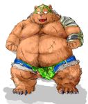  2015 armor barazoku bear facing_viewer flaccid full_portrait grizzly_bear helmet humanoid_penis kemono kotobuki male mammal muscular obese overweight partially_cothed penis pose scar solo standing unconvincing_clothing white_backgroundd 