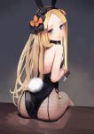 abigail_williams_(fate/grand_order) animal_ears ass back-seamed_legwear bangs bare_shoulders black_bow black_hairband black_leotard blonde_hair blue_eyes blush bow breasts bunny_ears bunny_girl bunny_tail bunnysuit closed_mouth commentary_request fake_animal_ears fate/grand_order fate_(series) fishnet_pantyhose fishnets forehead hair_bow hairband head_tilt highres leotard long_hair looking_at_viewer looking_back orange_bow pantyhose parted_bangs polka_dot polka_dot_bow seamed_legwear sitting small_breasts solo strapless strapless_leotard sunga2usagi tail very_long_hair wrist_cuffs 