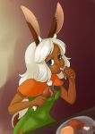  animal_humanoid blue_eyes breasts clothed clothing dark_skin dress ear_piercing eating female food hair humanoid ione_raevon lagomorph mammal piercing rabbit_humanoid rabbit_tail solo starayo white_hair yasosume 