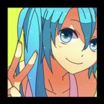  bare_shoulders blue_eyes blue_hair border close-up face fingernails green_background hair_between_eyes happy hatsune_miku looking_at_viewer lowres mohi_(neku_re) shaded_face shirt simple_background sleeveless smile solo twintails upper_body v vocaloid white_shirt 