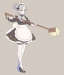  apron black_footwear broom brown_dress closed_mouth commentary_request concealed_sword concealed_weapon dress gloves grey_background grey_hair hair_bun high_heels highres holding holding_broom holding_sword holding_weapon katana long_sleeves maid maid_apron maid_headdress nagisa_kurousagi original ribbed_legwear sheath simple_background solo sword thighhighs two-handed unsheathing waist_apron weapon white_gloves white_legwear yellow_eyes 