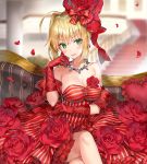  :d ahoge bangs bare_shoulders blonde_hair blurry blurry_background blush bow breasts cleavage collarbone commentary_request couch depth_of_field dress earrings elbow_gloves eyebrows_visible_through_hair fate/extra fate_(series) flower gloves green_eyes hair_between_eyes hair_bow hand_up head_tilt highres idol_emperor indoors jewelry looking_at_viewer medium_breasts medium_hair momoko_(momopoco) necklace nero_claudius_(fate) nero_claudius_(fate)_(all) on_couch open_mouth petals railing red_bow red_dress red_flower red_gloves red_rose revision rose rose_earrings rose_petals sidelocks sitting smile solo stairs strapless strapless_dress striped striped_bow striped_dress 