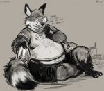  anthro aokmaidu barefoot belly big_belly canine claws clothed clothing dipstick_tail eating food fox greyscale guhreth male mammal monochrome multicolored_tail napkin obese overweight overweight_male slob text toe_claws 