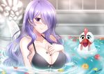 bikini bird blush breasts camilla_(fire_emblem_if) camilla_(muppets) chicken commentary fire_emblem fire_emblem_if hair_over_one_eye large_breasts long_hair muppets namesake purple_eyes purple_hair rooster smile solo swimsuit the-sinner very_long_hair water wavy_hair 