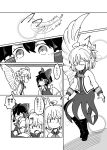  ahoge arm_grab bow buna_shimeji_(keymush) commentary_request detached_sleeves feathers frown greyscale hair_bow hair_tubes hakurei_reimu highres jacket kishin_sagume long_sleeves looking_at_another monochrome multiple_girls open_clothes open_jacket open_mouth short_hair single_wing sweatdrop touhou translation_request wings 