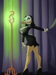  2018 5_fingers anthro avian bedroom_eyes bird black_clothing black_dress black_hair breasts cleavage clothed clothing dress duck ducktales female footwear green_eyes hair half-closed_eyes high_heels looking_back magic magica_de_spell mature_female rear_view seductive shoes smile solo standing thingshappen white_feather 