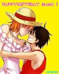  1boy 1girl black_eyes black_hair couple hat monkey_d_luffy nami_(one_piece) one_piece orange_hair pirate short_hair smile straw_hat_pirates tattoo 