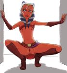  ahsoka_tano alien anus belt blue_eyes boots clone_wars clothing crouching facial_markings female fingerless_gloves flat_chested footwear front_view full-length_portrait gloves head_tails humanoid humanoid_hands looking_away markings navel nipples no_underwear not_furry orange_skin portrait presenting presenting_pussy pussy raised_shirt red_nipples simple_background solo spread_legs spreading star_wars togruta tourbillon tube_top white_background 