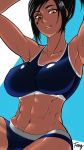 armpits arms_up black_hair commentary_request dark_skin feng_(howard8580) highres overwatch pharah_(overwatch) shorts sports_bra sweat 
