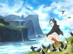  animal atlantic_puffin_(kemono_friends) bird black_hair blue_sky blush boots brown_footwear cloud cloudy_sky day flock kemono_friends knee_boots looking_at_viewer multicolored_hair nature on_grass orange_hair outdoors parted_lips puffin red_eyes sarada_doraivu scenery short_hair sky squatting too_many too_many_birds white_hair 