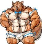  2016 akimbo barazoku bow_tie bulge canine clothed clothing kemono kneeling kotobuki male mammal muscular obese overweight partially_clothed ribbons simple_background solo white_background wolf 