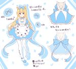  alice_in_wonderland apron backless_dress backless_outfit bangs blonde_hair blue_bow blue_dress blue_footwear bow breasts character_sheet cleavage club_(shape) commentary_request diamond_(shape) dress eyebrows_visible_through_hair hair_between_eyes hair_bow heart highres light_(luxiao_deng) long_hair maid_apron medium_breasts original pantyhose print_apron print_legwear puffy_short_sleeves puffy_sleeves purple_eyes shoes short_sleeves shoulder_blades solo spade_(shape) striped striped_bow translation_request very_long_hair white_apron white_background white_legwear wrist_cuffs 