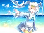  absurdres beach bird bird_tail bird_wings blonde_hair blue_hair blue_sky cloud commentary common_gull_(kemono_friends) cowboy_shot frilled_sleeves frills hand_up head_wings highres japari_symbol kanzakietc kemono_friends long_hair long_sleeves multicolored_hair neckerchief ocean pleated_skirt sailor_collar sand seagull skirt sky solo thighhighs turtleneck white_hair wings yellow_legwear 