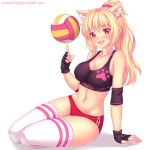  animal_ears arm_support ball blonde_hair blush breasts buruma cat_ears elbow_pads eyebrows_visible_through_hair fast-runner-2024 fingerless_gloves gloves highres large_breasts long_hair looking_at_viewer midriff navel open_mouth original ponytail red_eyes sitting solo sports_bra thighhighs tiffy watermark web_address white_background 