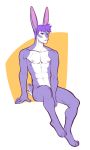  2016 4_toes abs anthro digital_media_(artwork) faint fur hair lagomorph male mammal multicolored_fur multicolored_skin navel nipples nude purple_fur purple_hair purple_skin rabbit simple_background sitting smile solo toes white_fur white_skin 