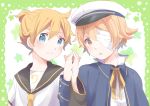  :o bandage_over_one_eye bandages bass_clef blonde_hair blue_coat blue_eyes close-up coat expressionless green_background hands_together happy hat holding_hands interlocked_fingers kagamine_len kana_(okitasougo222) looking_at_viewer male_focus multiple_boys neck_ribbon necktie oliver_(vocaloid) ribbon sailor_collar sailor_hat shirt short_hair simple_background smile star starry_background upper_body vocaloid white_background white_shirt yellow_eyes 