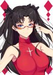  absurdres adjusting_eyewear armpits artist_name band-width bangs bare_shoulders black_hair black_ribbon blue_eyes breasts closed_mouth collarbone eyebrows_visible_through_hair eyeshadow facepaint fate/extra fate_(series) glasses hair_ribbon highres large_breasts long_hair makeup nail_polish parted_bangs red-framed_eyewear red_nails red_sweater ribbed_sweater ribbon semi-rimless_eyewear smile solo sweater toosaka_rin turtleneck turtleneck_sweater two_side_up under-rim_eyewear upper_body wavy_mouth 