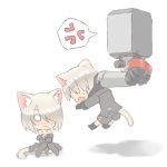  1boy 1girl angry black_dress blue_eyes blush cat_ears chibi hair_over_one_eye nier nier_(series) nier_automata short_hair tail thigh_boots white_hair yorha_no._2_type_b yorha_no._9_type_s 