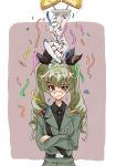  absurdres anchovy anzio_military_uniform bangs belt black_belt black_neckwear black_ribbon black_shirt brown_background closed_mouth commentary confetti crossed_arms dress_shirt drill_hair english eyebrows_visible_through_hair frown girls_und_panzer green_hair grey_jacket hair_ribbon hanging_scroll happy_birthday highres jacket long_hair long_sleeves looking_at_viewer military military_uniform motion_blur necktie outside_border party_ball raised_eyebrow red_eyes ribbon sam_browne_belt scroll shirt solo standing twin_drills twintails uniform upper_body urouchi wavy_mouth 