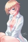 blonde_hair blue_eyes brave_witches breasts cleavage collarbone commentary_request eyebrows_visible_through_hair grey_background haruhata_mutsuki medium_breasts naked_shirt nikka_edvardine_katajainen open_mouth shirt short_hair simple_background sitting smile v_arms world_witches_series 