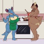  anthro apron big_breasts big_butt bottomless breasts butt cleavage clothed clothing duo female greasymojo_(artist) horn kangaskhan looking_at_viewer mature_female naked_apron nidoqueen nintendo oven pok&eacute;mon pok&eacute;mon_(species) smile spoon thick_thighs video_games 