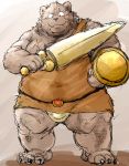  2015 barazoku bear bulge clothing facing_viewer full_portrait grizzly_bear kemono kotobuki male mammal melee_weapon muscular obese overweight scar shield simple_background solo standing sword toga weapon 