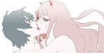  1boy 1girl bangs black_hair blood blood_on_face blue_eyes collarbone couple darling_in_the_franxx face-to-face facing_another fringe green_eyes hair_ornament hairband hetero hiro_(darling_in_the_franxx) horns kiss long_hair looking_at_another npn oni_horns pink_hair red_horns shirtless short_hair white_hairband zero_two_(darling_in_the_franxx) 