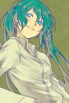  blue_eyes blue_hair eyebrows_visible_through_hair grey_background grin hatsune_miku highres long_hair long_sleeves looking_away shirt simple_background smile solo super_jimao_time twintails upper_body very_long_hair vocaloid white_shirt 