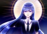  3000yen androgynous bangs blue_eyes blue_hair blunt_bangs colored_eyelashes elbow_gloves gem_uniform_(houseki_no_kuni) gloves glowing hand_in_hair houseki_no_kuni lapis_lazuli_(houseki_no_kuni) long_hair looking_at_viewer necktie smile solo straight_hair upper_body 