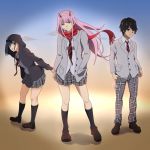  2girls absurdres arm_behind_back black_jacket blue_eyes blue_hair brown_footwear collared_shirt commentary_request darling_in_the_franxx green_eyes grey_pants grey_skirt hand_in_pocket hand_on_back highres hiro_(darling_in_the_franxx) holding hood hood_up hooded_jacket ichigo_(darling_in_the_franxx) jacket long_sleeves looking_at_viewer multiple_girls necktie open_clothes open_mouth panties pants peinttokage plaid plaid_pants plaid_skirt pleated_skirt red_neckwear red_scarf scarf school_uniform shirt shoes skirt striped striped_neckwear underwear white_shirt wing_collar zero_two_(darling_in_the_franxx) 