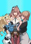  black_shirt blonde_hair blue_eyes blue_shirt breast_envy breast_pocket breast_rest breasts breasts_on_head brown_hair collared_shirt crying gambier_bay_(kantai_collection) gloves hair_between_eyes hairband highres huge_breasts intrepid_(kantai_collection) kantai_collection large_breasts long_hair multicolored multicolored_clothes multicolored_gloves multiple_girls open_mouth pocket ponytail ramsus ryuujou_(kantai_collection) saratoga_(kantai_collection) shirt short_hair short_sleeves side_ponytail tears twintails v white_shirt 