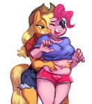  5_fingers anthro applejack_(mlp) bedroom_eyes belly_grab blonde_hair blue_eyes breasts clothing cowboy_hat duo equine female friendship_is_magic from_behind_(disambiguation) fur green_eyes hair half-closed_eyes hat horse jeans long_hair mammal midriff my_little_pony myheartpumpspiss navel one_eye_closed open_mouth orange_fur overweight pants pink_fur pink_hair pinkie_pie_(mlp) pony seductive shorts simple_background smile standing white_background 