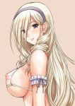  armlet bikini_top blonde_hair blue_eyes breasts celia_kumani_entory covered_nipples drill_hair eyes_visible_through_hair frills from_side hair_over_one_eye hairband ishihara_souka large_breasts long_hair looking_at_viewer looking_to_the_side micro_bikini_top nipples see-through sideboob solo upper_body walkure_romanze 