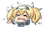  blonde_hair blue_shirt blush chibi collared_shirt commentary crying d: flying_sweatdrops gambier_bay_(kantai_collection) gloves hairband kantai_collection lolicept open_mouth shirt simple_background symbol_commentary tears twintails white_background white_gloves wing_collar 