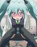  1girl argyle argyle_sweater bangs black_legwear black_skirt blue_eyes blue_hair blush censored clothed_sex crotch_seam dress_shirt eyebrows_visible_through_hair full-face_blush glasses green_neckwear green_panties hair_between_eyes hatsune_miku_(shinkalion) hetero leg_lift long_hair long_sleeves looking_at_viewer miniskirt mosaic_censoring necktie open_mouth panties panties_aside pantyhose pantyhose_pull penis pink-framed_eyewear pleated_skirt pov pussy school_uniform semi-rimless_eyewear sex shinkansen_henkei_robo_shinkalion shirt skirt solo_focus striped striped_panties sweat sweater sweater_vest toilet tomu_(tomubobu) twintails under-rim_eyewear underwear vaginal very_long_hair white_shirt 