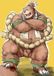  2016 balls barazoku bear big_balls blush clothed clothing crossed_arms facing_viewer flaccid full_portrait grizzly_bear humanoid_penis kemono kotobuki male mammal muscular obese overweight partially_clothed penis pose scar simple_background solo standing sweat 