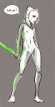  ? ahsoka_tano alien areola breasts clone_wars clothing dialogue facial_markings feet female front_view full-length_portrait gloves glowing grey_background head_tails holding_object holding_weapon humanoid humanoid_feet lightsaber markings mostly_nude nipples not_furry portrait pussy simple_background sketch skinny small_breasts solo speech_bubble spot_color standing star_wars togruta tourbillon weapon 