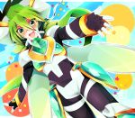  armor blue_sky blush dotted_background fingerless_gloves gloves goggles green_eyes green_hair long_sleeves male_focus open_mouth outstretched_arms outstretched_hand rento_(rukeai) saikyou_ginga_ultimate_zero_~battle_spirits~ sky smile spiked_hair star starry_background thigh_strap zero_the_hurricane 
