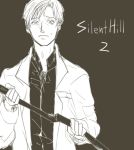  collared_shirt holding holding_pipe jacket james_sunderland lead_pipe limited_palette looking_at_viewer lowres male_focus open_clothes open_collar open_jacket pipe rokumura shirt silent_hill silent_hill_2 worried 