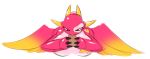  2015 anthro averyshadydolphin balls big_breasts breasts claws digital_media_(artwork) dragon duo erection fellatio female heartlandraco horn looking_down male male/female markings open_mouth oral penis pink_skin red_eyes reptile scalie sex simple_background white_background wings yellow_horn yu-gi-oh 