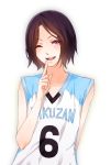  androgynous basketball_uniform blue_eyes commentary_request highres jersey kuroko_no_basuke looking_at_viewer male_focus mibuchi_reo one_eye_closed open_mouth purple_eyes purple_hair smile solo sportswear tinkasuzamurai 