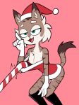  boots breasts brown_fur butt christmas clothed clothing feline female footwear fur gloves green_eyes hat hi_res holidays lynx mammal miscon nipples open_mouth pink_background simple_background solo striped_fur stripes tan_fur zeha 