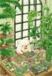  bear bow bowtie colored_pencil_(medium) fern greenhouse hanging_plant highres indoors no_humans original plant red_neckwear st.kuma traditional_media watercolor_(medium) window 