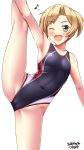  ;d alternate_costume armpits artist_name bangs black_swimsuit blonde_hair collarbone competition_swimsuit covered_navel cowboy_shot dated eighth_note eyebrows_visible_through_hair flat_chest flexible green_eyes highres kantai_collection looking_at_viewer maikaze_(kantai_collection) musical_note one-piece_swimsuit one_eye_closed open_mouth parted_bangs ponytail simple_background smile solo split standing standing_on_one_leg standing_split swimsuit tsuchimiya upper_teeth white_background 