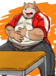  2012 abstract_background band-aid bandage barazoku belly_rub canine clothed clothing dog fully_clothed kemono kotobuki male mammal muscular obese overweight satiety sitting solo tongue tongue_out 