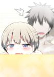  1boy 1girl blue_eyes blurry blurry_background blush commentary_request depth_of_field faceless faceless_male fang grey_hair highres hitotose_rin mixed_bathing open_mouth partial_commentary revision sakurai_shinichi short_hair steam tile_wall tiles uzaki-chan_wa_asobitai! uzaki_hana 